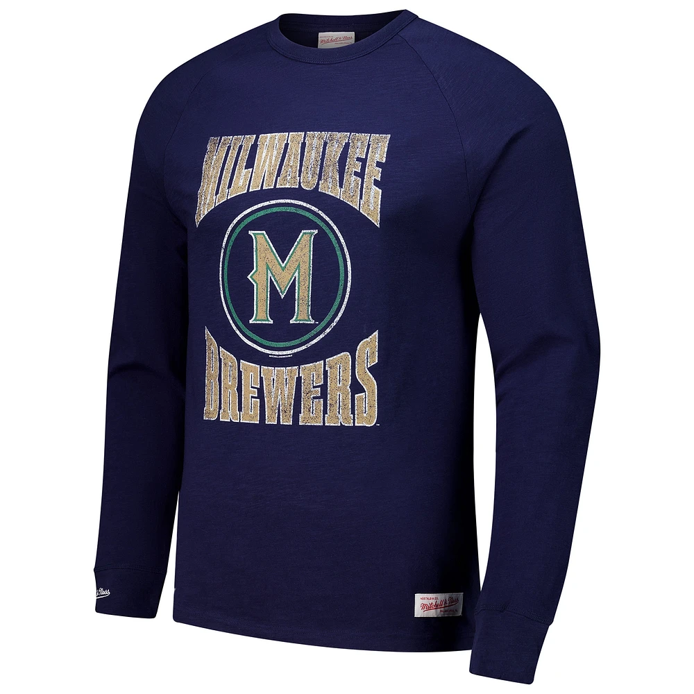 T-shirt à manches longues bleu marine Milwaukee Brewers Arched Logo Slub pour homme Mitchell & Ness