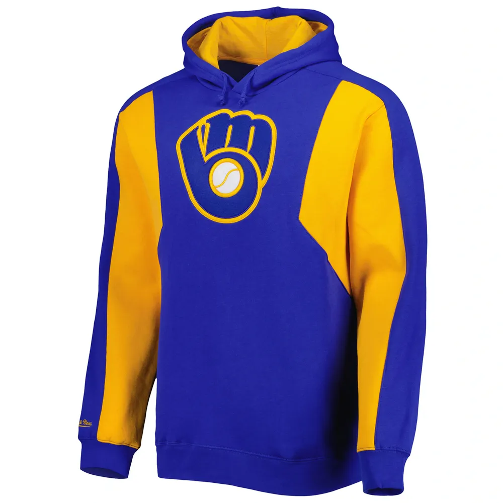 Men's Mitchell & Ness Royal/Gold Milwaukee Brewers Colorblocked Fleece Pullover Hoodie