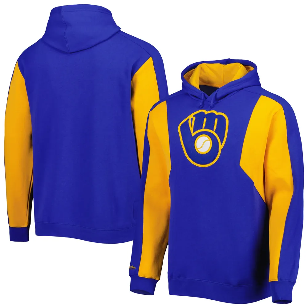 Men's Mitchell & Ness Royal/Gold Milwaukee Brewers Colorblocked Fleece Pullover Hoodie