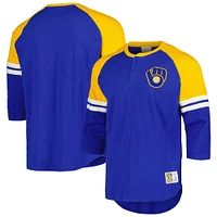 Men's Mitchell & Ness Royal Milwaukee Brewers Cooperstown Collection Legendary Raglan Slub Henley 3/4-Sleeve T-Shirt