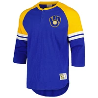 Men's Mitchell & Ness Royal Milwaukee Brewers Cooperstown Collection Legendary Raglan Slub Henley 3/4-Sleeve T-Shirt