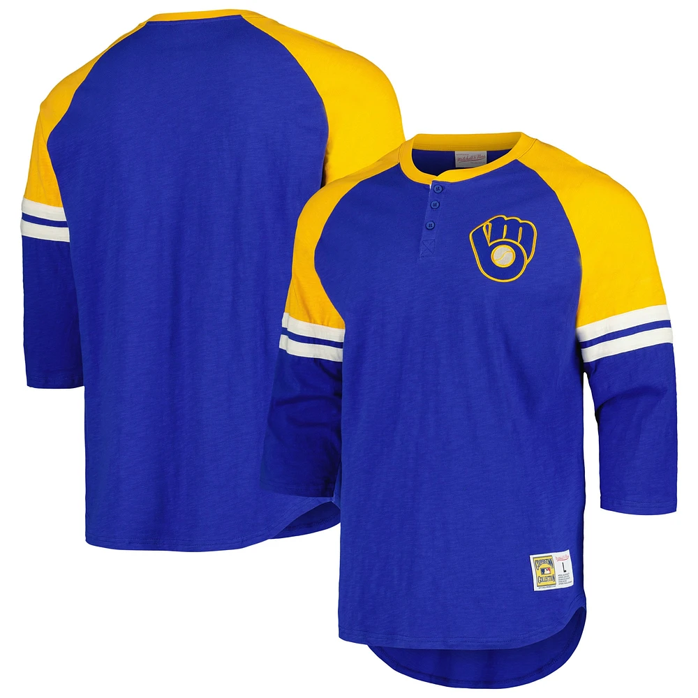 Men's Mitchell & Ness Royal Milwaukee Brewers Cooperstown Collection Legendary Raglan Slub Henley 3/4-Sleeve T-Shirt