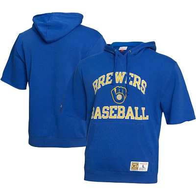 Chandail à capuchon manches courtes en molleton délavé Collection Cooperstown Mitchell & Ness Royal Milwaukee Brewers pour homme