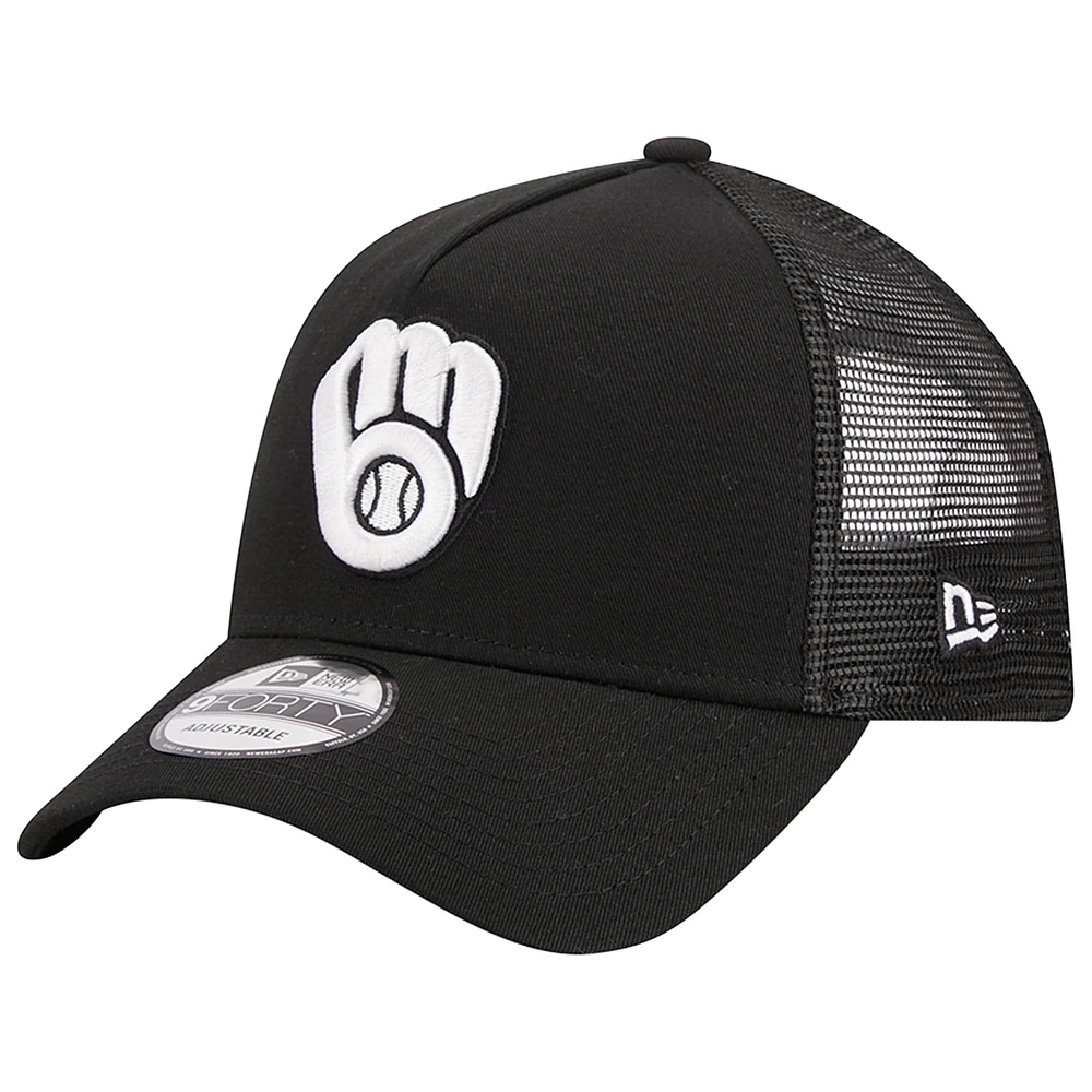 Men's New Era Black Milwaukee Brewers A-Frame 9FORTY Trucker Adjustable Hat