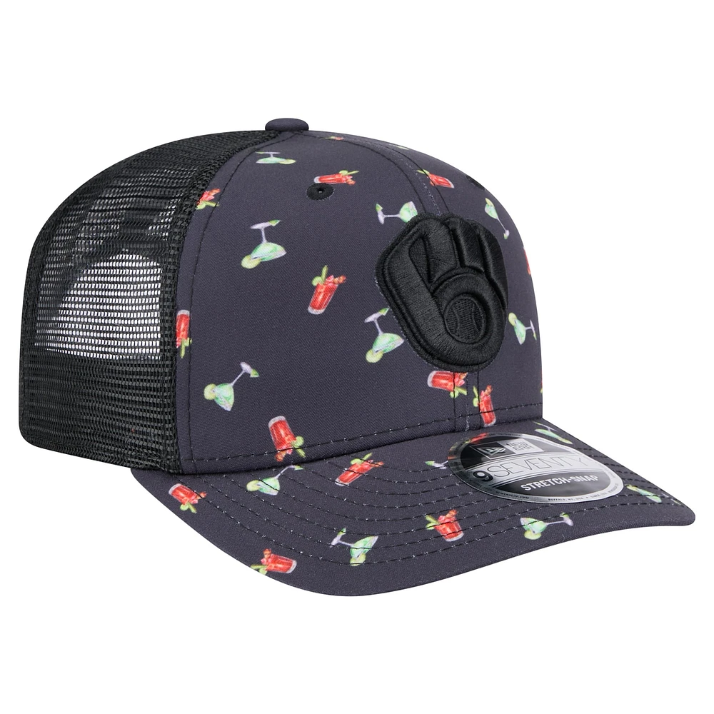 Men's New Era Black Milwaukee Brewers Adventure Drinks Pattern 9SEVENTY Stretch-Snap Hat