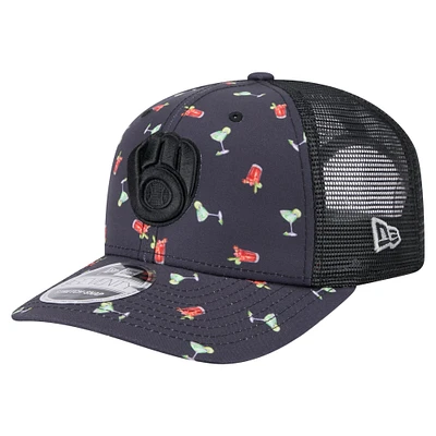 Men's New Era Black Milwaukee Brewers Adventure Drinks Pattern 9SEVENTY Stretch-Snap Hat