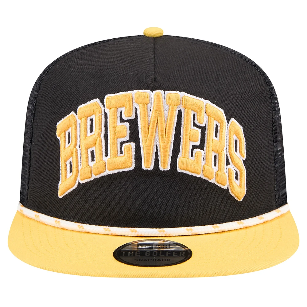 Casquette de golfeur Milwaukee Brewers Throwback Meshback New Era noir/or pour hommes