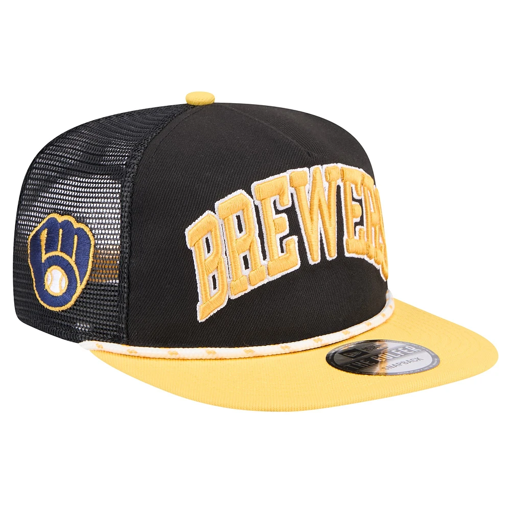 Casquette de golfeur Milwaukee Brewers Throwback Meshback New Era noir/or pour hommes