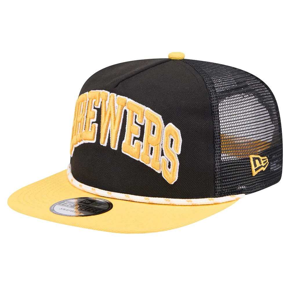 Casquette de golfeur Milwaukee Brewers Throwback Meshback New Era noir/or pour hommes