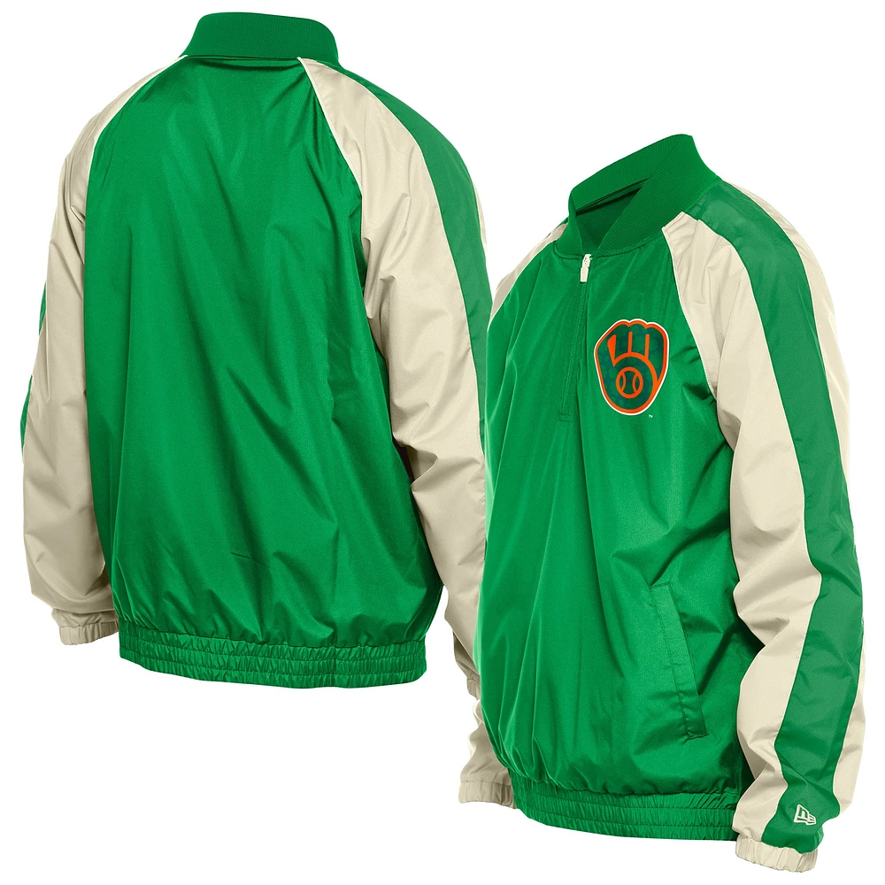 Men's New Era Kelly Green Milwaukee Brewers St. Patrick's Day Ripstop Raglan Quarter-Zip Windbreaker