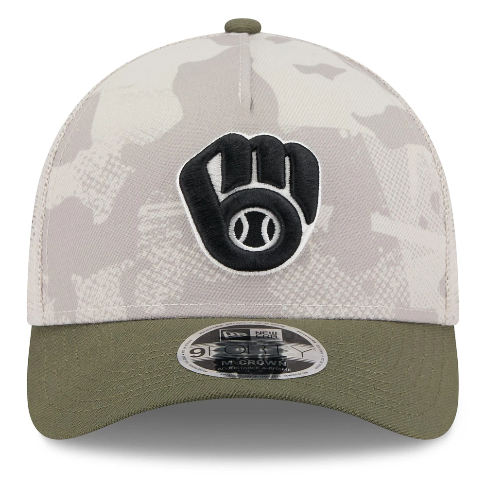 Men's New Era Light Beige/Olive Milwaukee Brewers 2025 Armed Forces Day 9FORTY M-Crown A-Frame Adjustable Hat