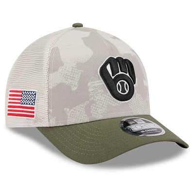 Men's New Era Light Beige/Olive Milwaukee Brewers 2025 Armed Forces Day 9FORTY M-Crown A-Frame Adjustable Hat