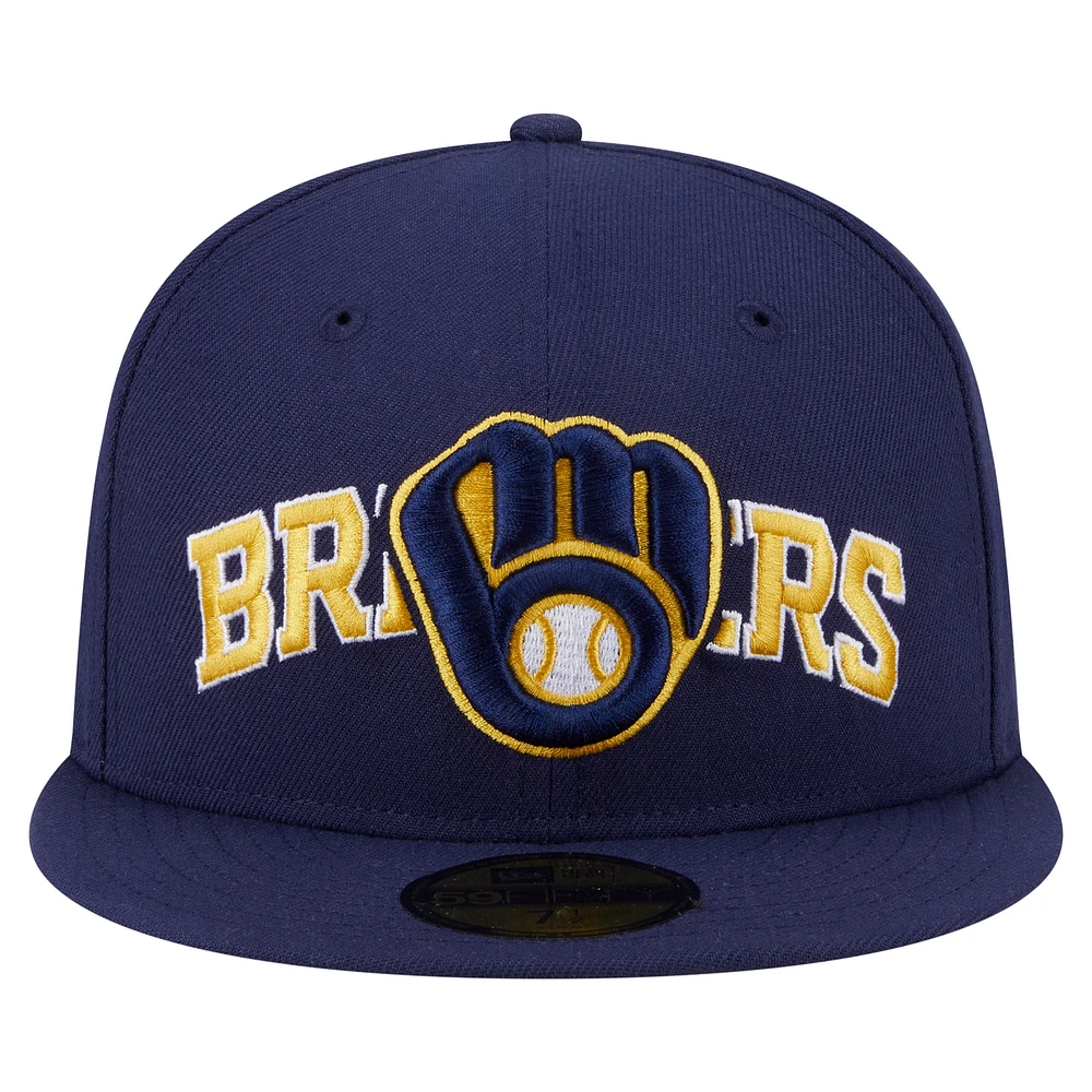 Men's New Era Navy Milwaukee Brewers Overlap 59FIFTY Fitted Hat