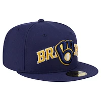 Men's New Era Navy Milwaukee Brewers Overlap 59FIFTY Fitted Hat