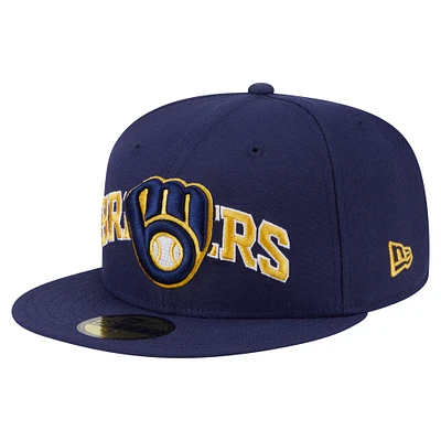 Men's New Era Navy Milwaukee Brewers Overlap 59FIFTY Fitted Hat