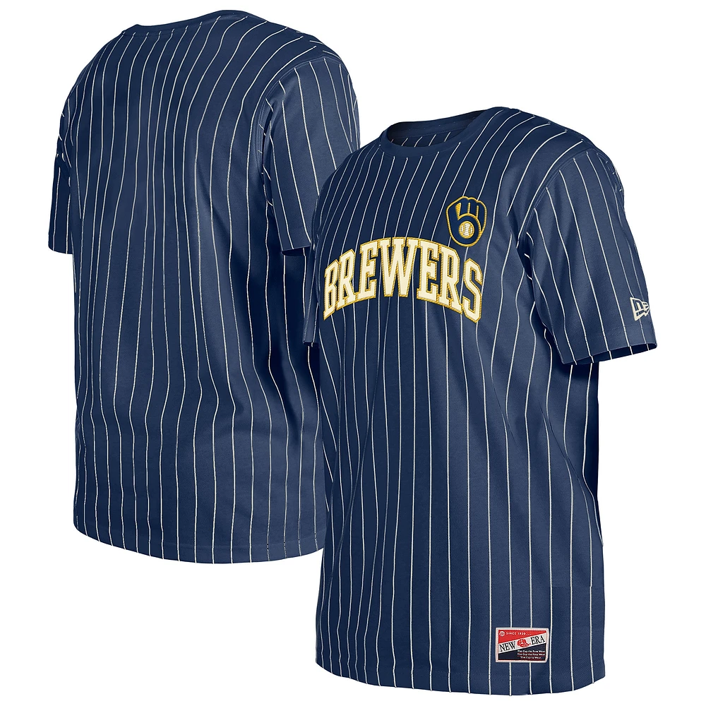 Men's New Era Navy Milwaukee Brewers Throwback Pinstripe T-Shirt