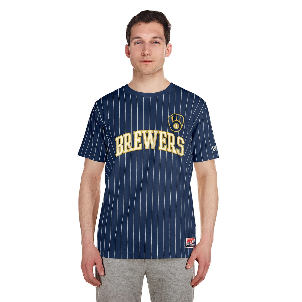 Men's New Era Navy Milwaukee Brewers Throwback Pinstripe T-Shirt