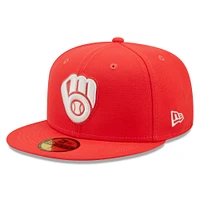 Men's New Era Red Milwaukee Brewers Lava Highlighter Logo 59FIFTY Fitted Hat