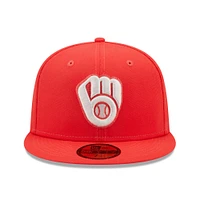 Men's New Era Red Milwaukee Brewers Lava Highlighter Logo 59FIFTY Fitted Hat