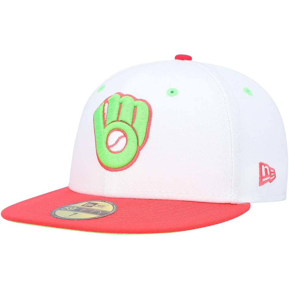 Casquette ajustée New Era Milwaukee Brewers County Stadium Strawberry Lolli 59FIFTY pour homme, blanc/corail