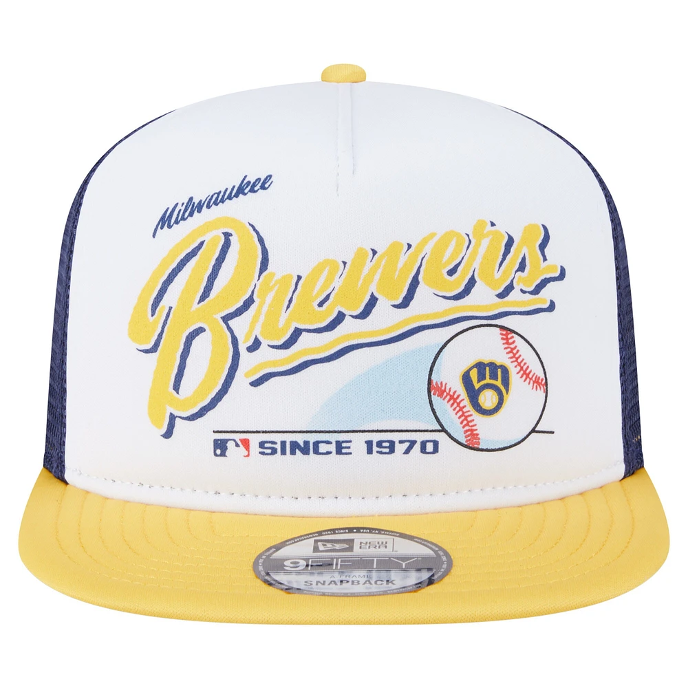 Men's New Era White/Gold Milwaukee Brewers Retro Script Trucker 9FIFTY Snapback Hat