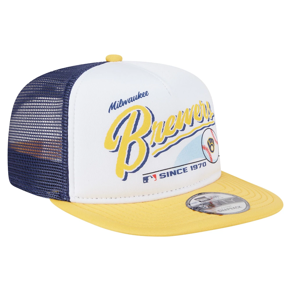 Men's New Era White/Gold Milwaukee Brewers Retro Script Trucker 9FIFTY Snapback Hat