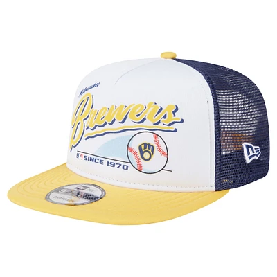 Men's New Era White/Gold Milwaukee Brewers Retro Script Trucker 9FIFTY Snapback Hat
