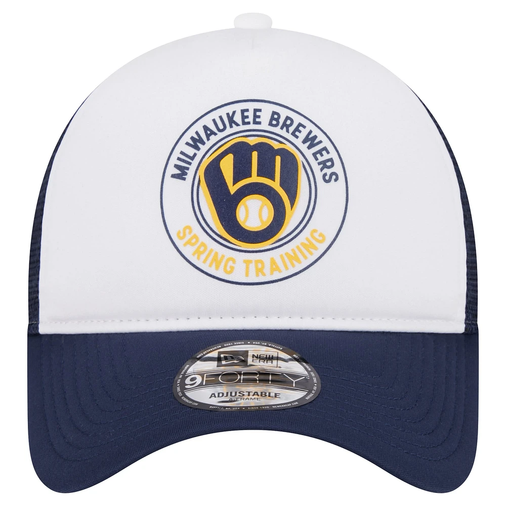 Men's New Era White/Navy Milwaukee Brewers Spring Training Circle Foam A-Frame 9FORTY Trucker Adjustable Hat