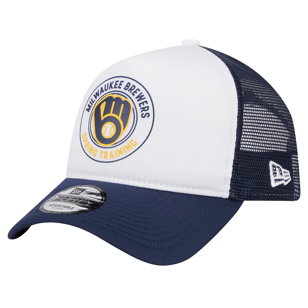 Men's New Era White/Navy Milwaukee Brewers Spring Training Circle Foam A-Frame 9FORTY Trucker Adjustable Hat