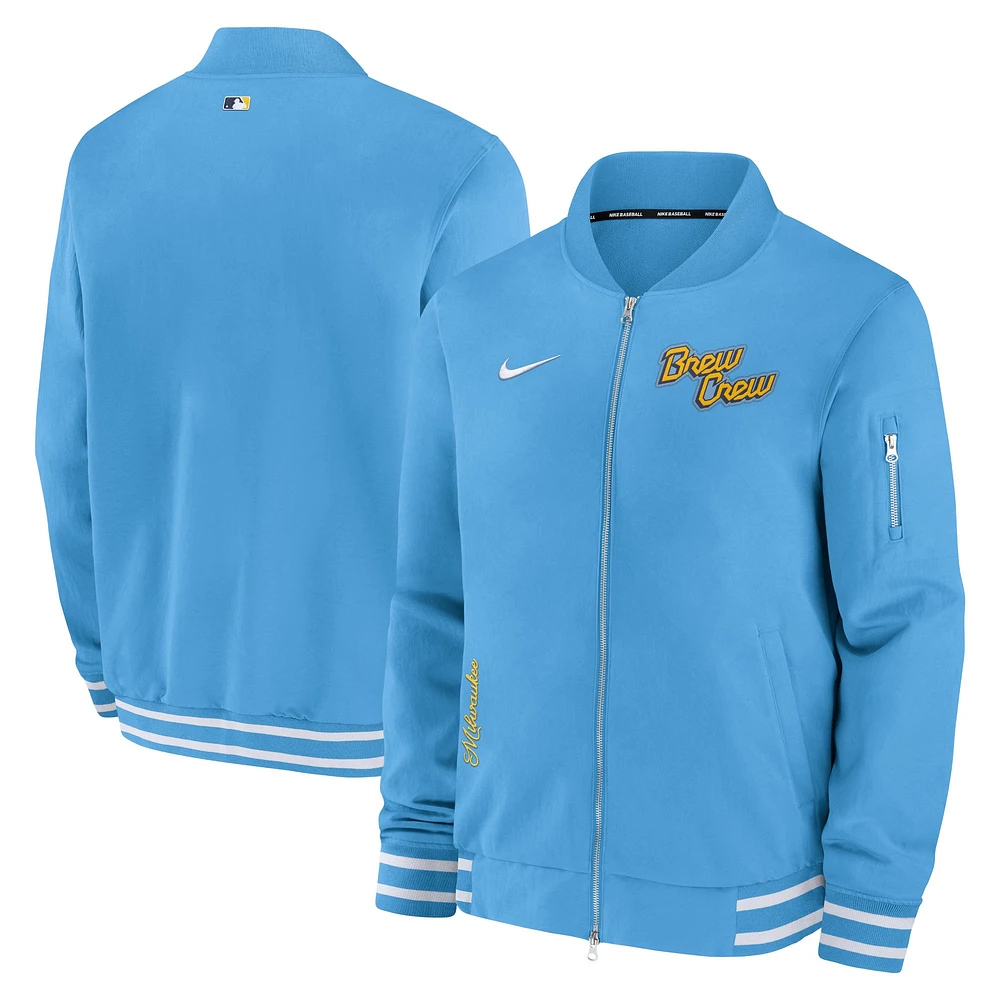 Veste Nike bleue Milwaukee Brewers City Connect Authentic Collection Game Time Bomber entièrement zippée pour homme