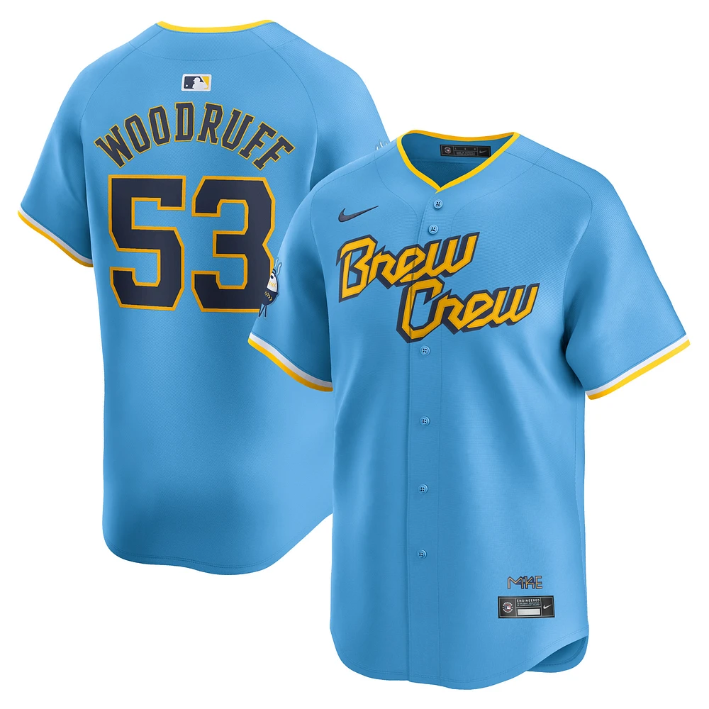 Maillot de joueur Nike Brandon Woodruff pour hommes, bleu poudre, Milwaukee Brewers City Connect Limited