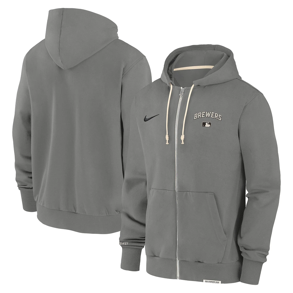 Men's Nike Charcoal Milwaukee Brewers Authentic Collection Travel Performance Full-Zip Hoodie