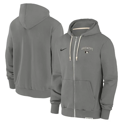 Men's Nike Charcoal Milwaukee Brewers Authentic Collection Travel Performance Full-Zip Hoodie