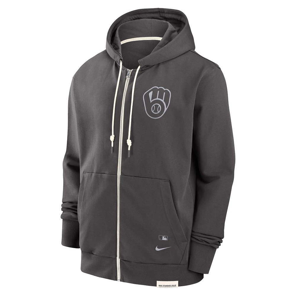 Sweat à capuche entièrement zippé Nike Charcoal Milwaukee Brewers Authentic Collection Travel Player Performance pour homme