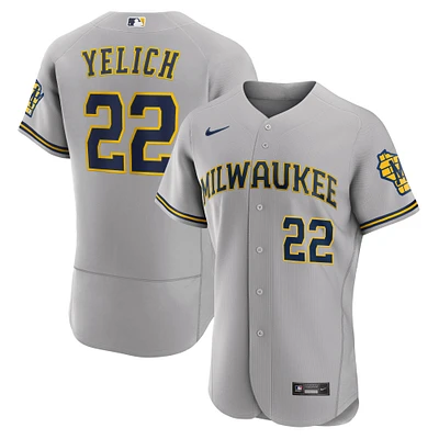 Maillot Nike Christian Yelich pour homme, gris, Milwaukee Brewers Road, authentique avec logo du joueur