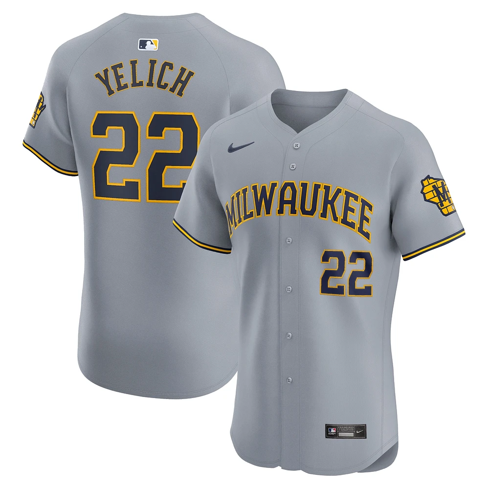 Maillot Nike Christian Yelich pour homme, gris, Milwaukee Brewers Road Elite Player