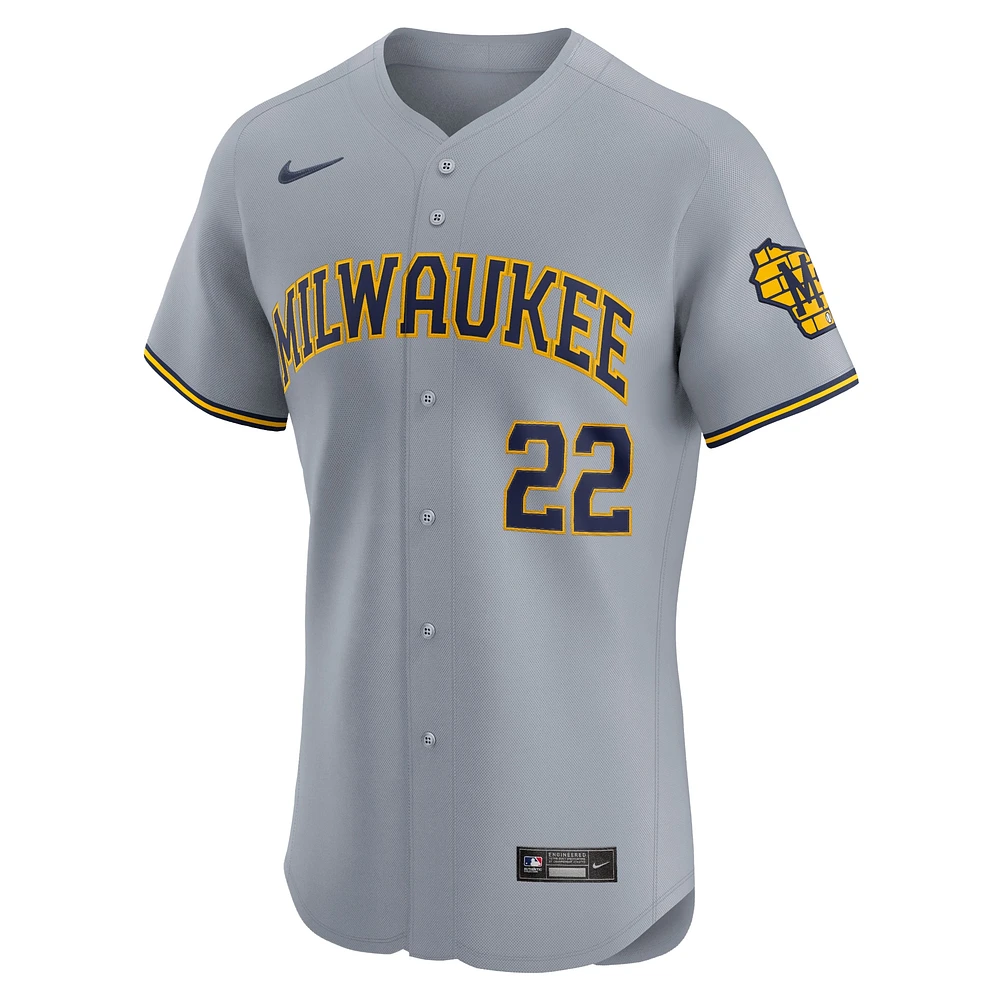 Maillot Nike Christian Yelich pour homme, gris, Milwaukee Brewers Road Elite Player