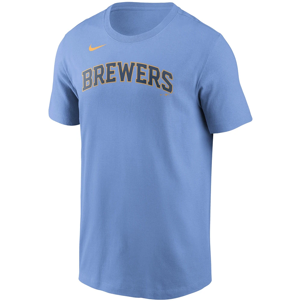 Men's Nike Christian Yelich Light Blue Milwaukee Brewers Name & Number T-Shirt