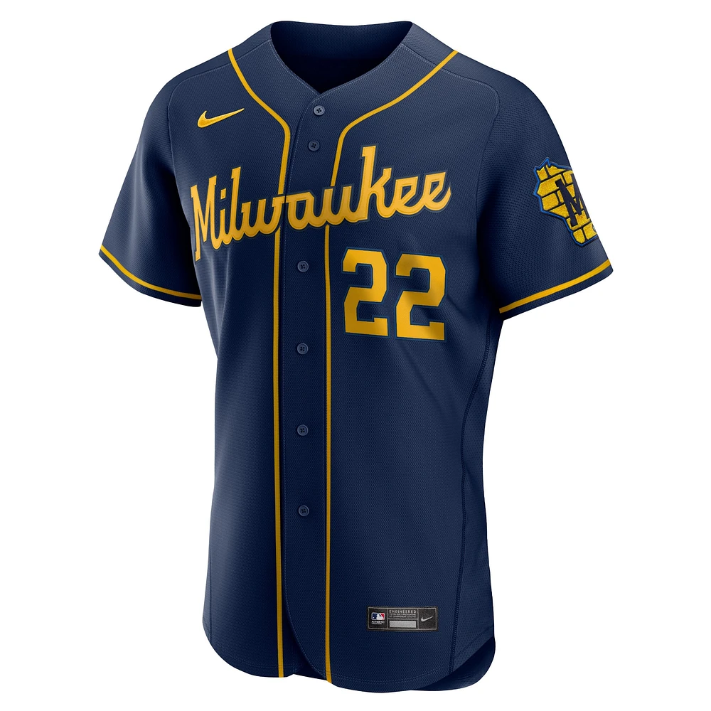 Maillot de joueur authentique alternatif la 50e saison des Milwaukee Brewers Nike Christian Yelich bleu marine pour homme