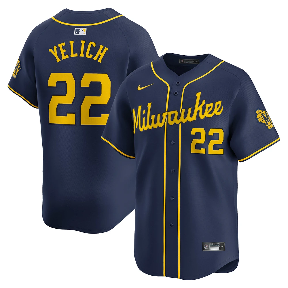 Maillot de joueur alternatif limité Nike Christian Yelich pour hommes, bleu marine, Milwaukee Brewers