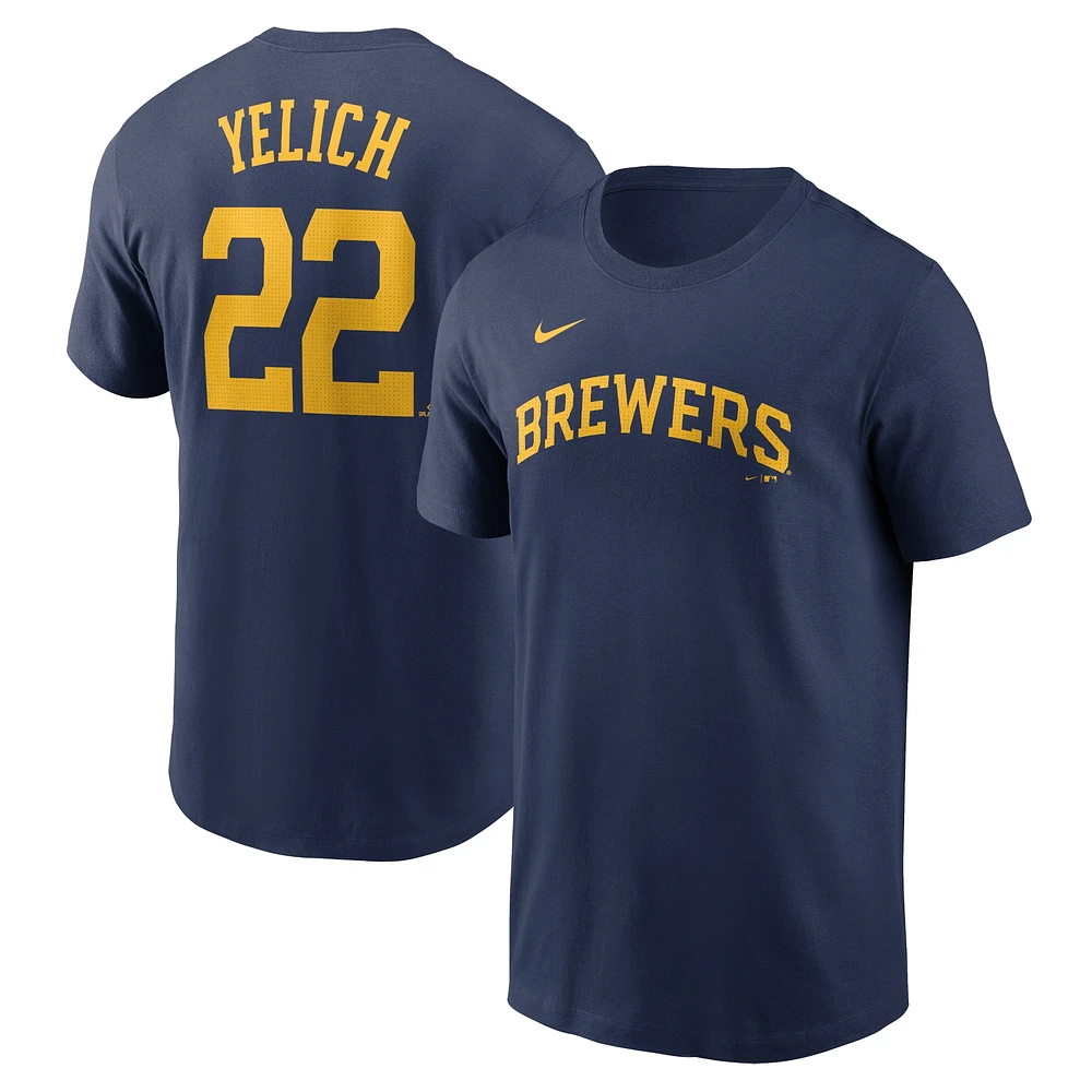 T-shirt avec nom et numéro Nike Christian Yelich pour hommes, bleu marine, Milwaukee Brewers Fuse