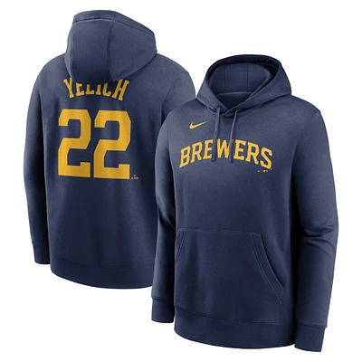 Men's Nike Christian Yelich Navy Milwaukee Brewers Player Name & Number Club Pullover Hoodie