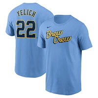 T-shirt avec nom et numéro Nike Christian Yelich pour homme, bleu poudre, Milwaukee Brewers City Connect