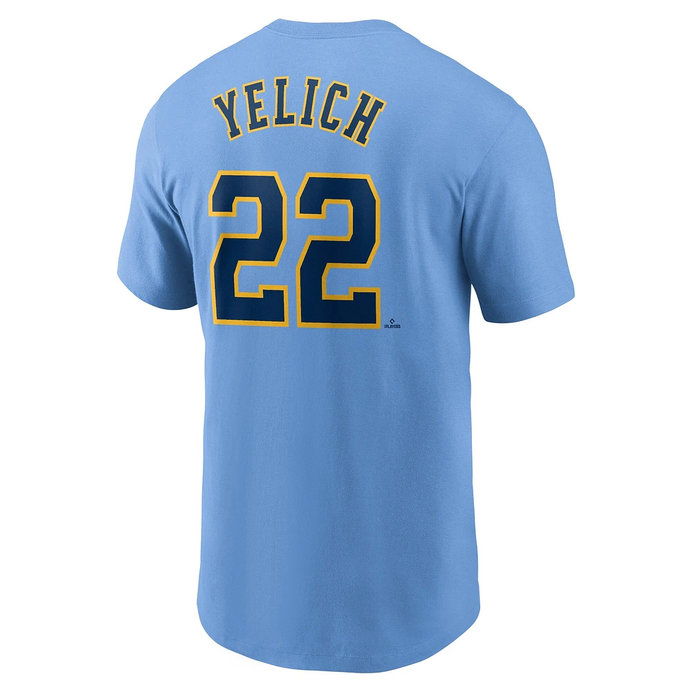 T-shirt avec nom et numéro Nike Christian Yelich pour homme, bleu poudre, Milwaukee Brewers City Connect