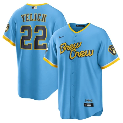 Maillot de joueur réplique Nike Christian Yelich pour hommes, bleu poudre, Milwaukee Brewers City Connect Replica