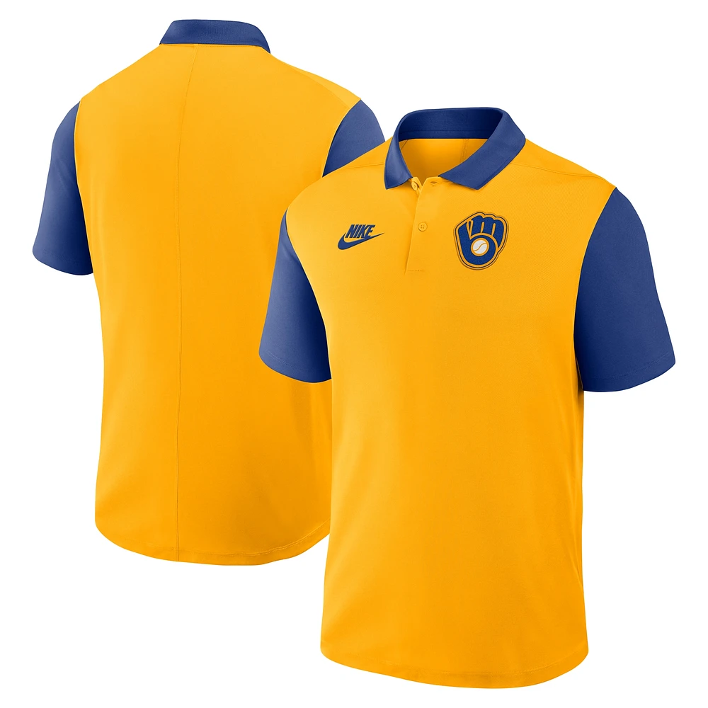 Polo Nike Performance Victory couleur or/bleu marine pour homme, collection Cooperstown des Milwaukee Brewers