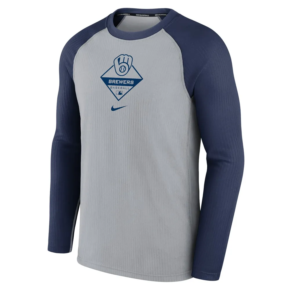 T-shirt à manches longues Nike pour hommes, gris/bleu marine, Milwaukee Brewers Game Authentic Collection Performance Raglan