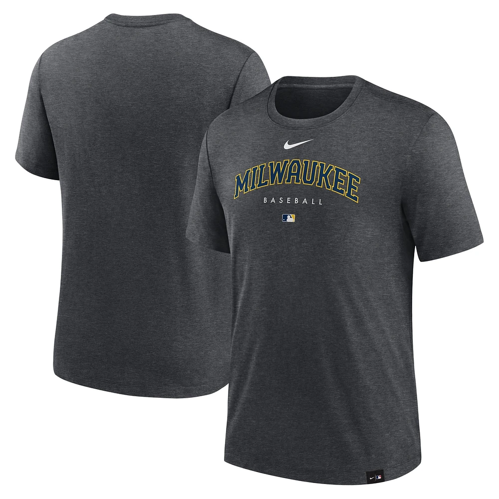 T-shirt Performance à trois mélanges Nike Heather Charcoal Milwaukee Brewers Authentic Collection Early Work pour homme