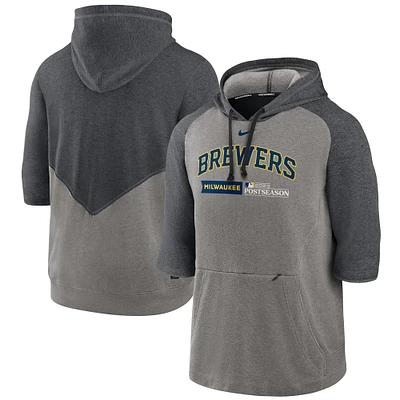 Men's Nike  Heather Gray/Heather Charcoal Milwaukee Brewers 2023 Postseason Authentic Collection Flux Performance 3/4-Sleeve Pullover Hoodie