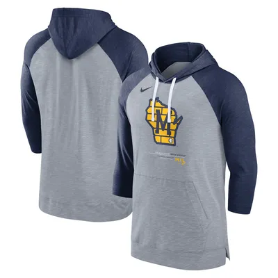 Milwaukee Brewers Nike Baseball Raglan 3/4-Sleeve Pullover Hoodie - Heather Gray/Heather Navy